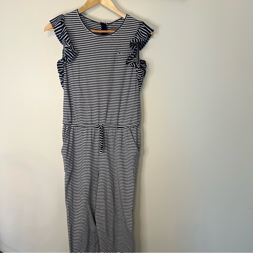 Vineyard Vines Girls Striped Ruffle Sleeve Jumpsuit Navy White Size 16 Coastal